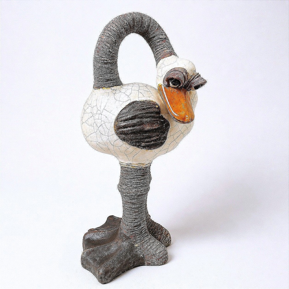Vtg. Roadrunner Goose Ceramic Bird Sculpture Long Leg Crackle Glaze MCM Folk Art
